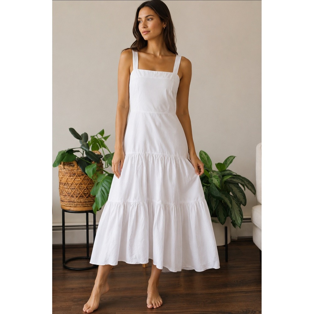 Banana Republic White Cotton Tiered Maxi Dress Square Neck Cross Back Pockets 8